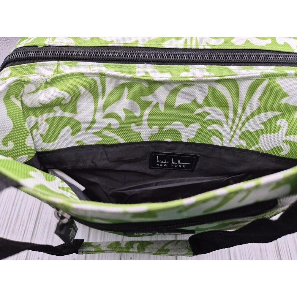 Nicole Miller Insulated Canvas Lunch Bag Green Damask Print Zippered Cooler Tote
